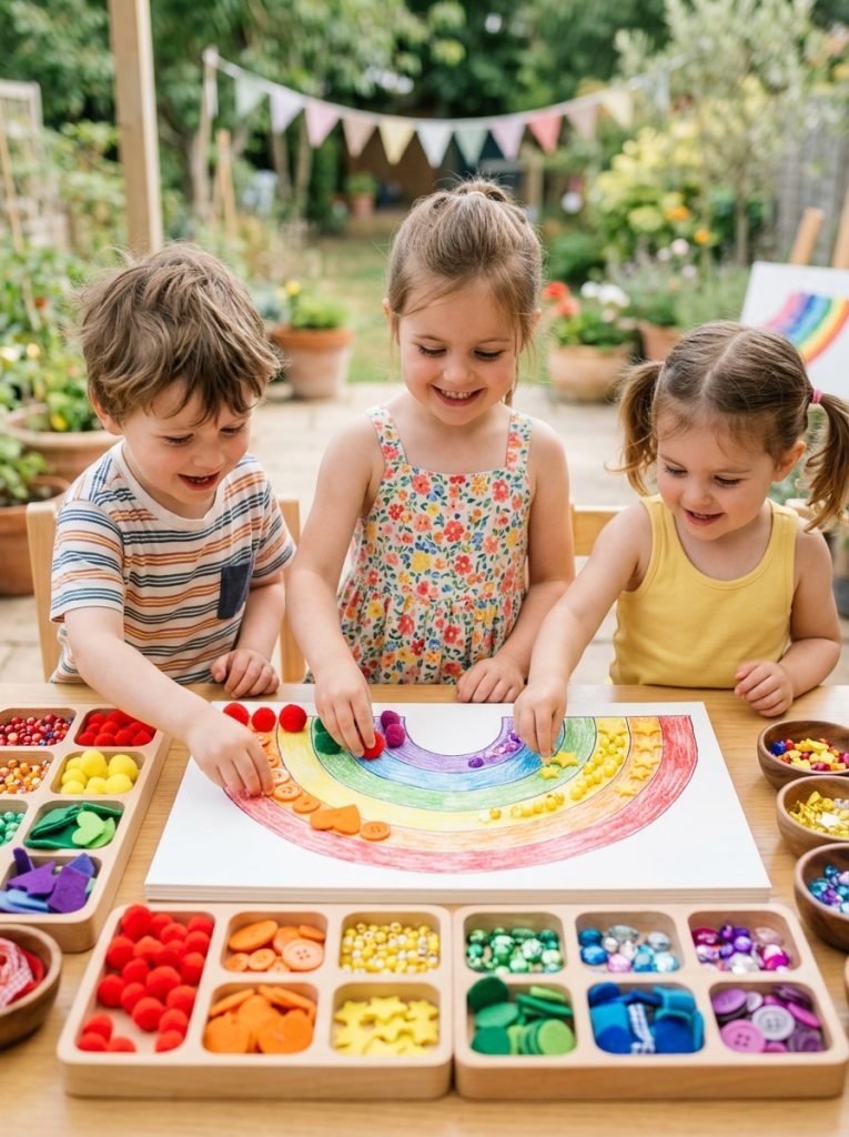Learning summer craft preschoolers sorting colorful materials by color into rainbow order while creating beautiful summer rainbow art