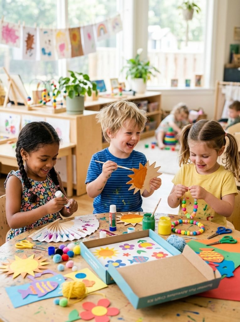Preschool children using easy summer craft kit at bright table creating multiple projects in cheerful productive session