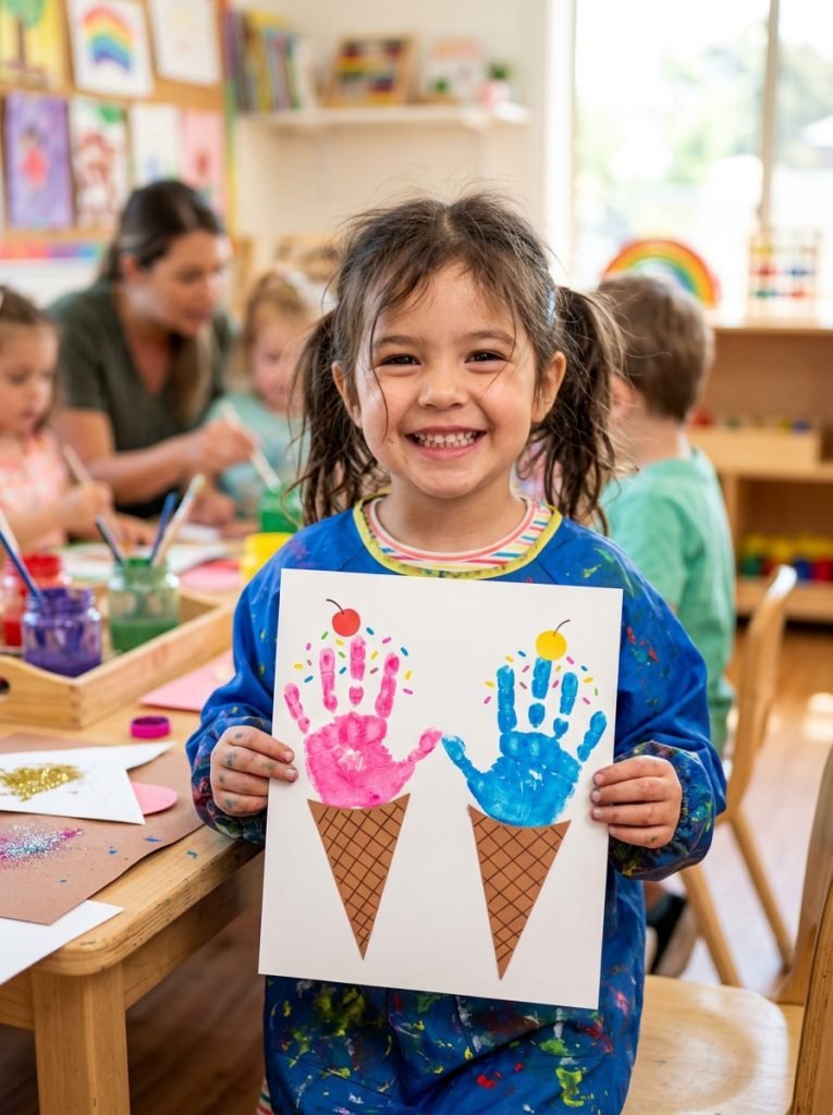 Quick ice cream handprint summer crafts with bright colored handprints on cone shapes creating adorable preschool ice cream art