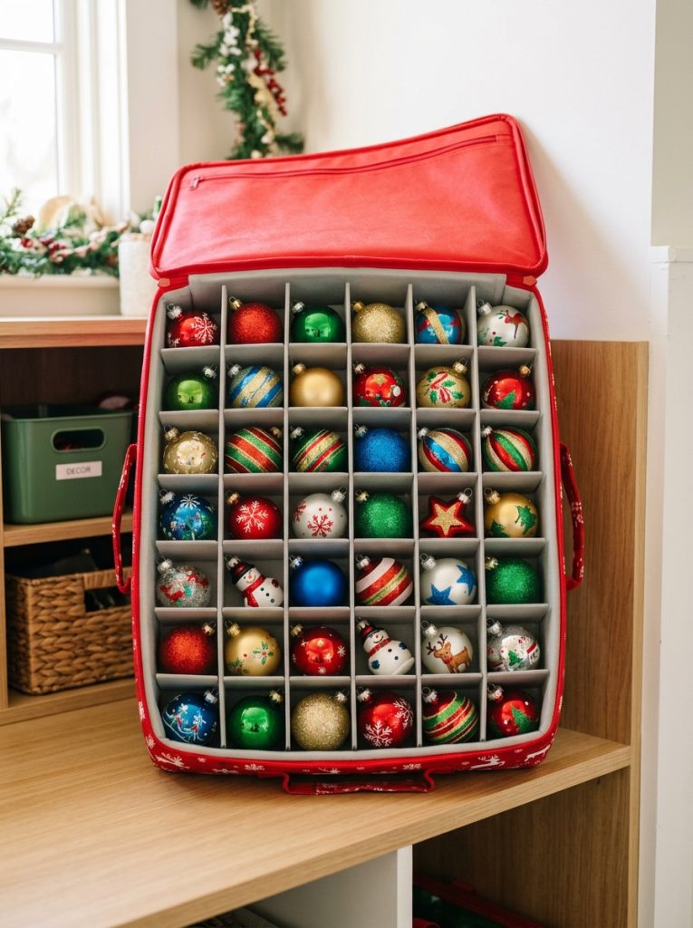 Christmas ornament storage box with individual compartments holding colorful ornaments safely separated