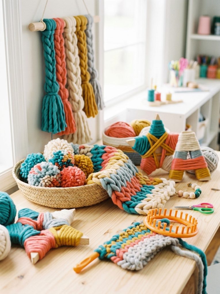 Fun chunky yarn crafts for kids with finger knitting chunky pom poms oversized wrapping and large-scale decorations in bold yarn