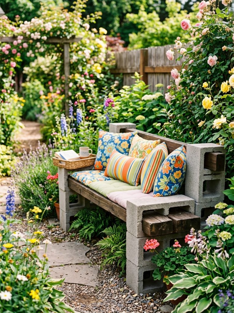 Beautiful cinderblock bench DIY with stacked block supports wooden plank seating and colorful weatherproof cushions as inviting garden feature 