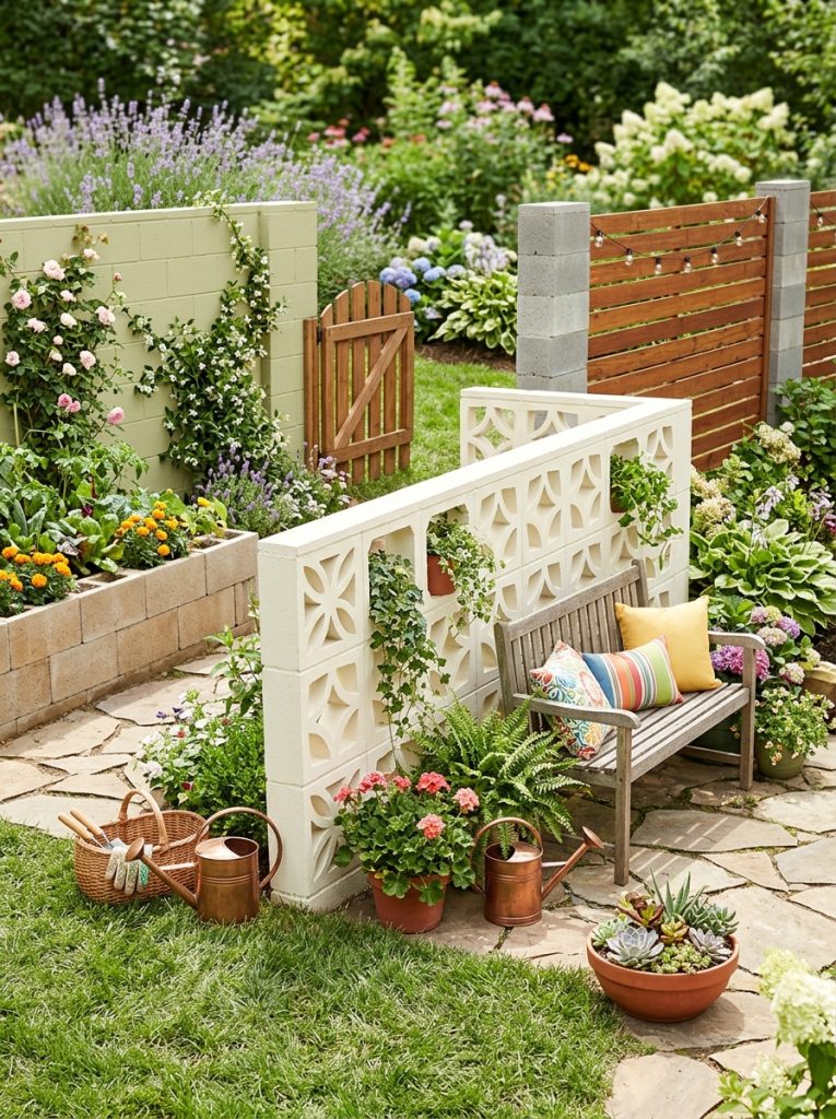  Beautiful cinderblock fence DIY ideas with solid privacy decorative screen and mixed wood boundary fences as garden solutions 
