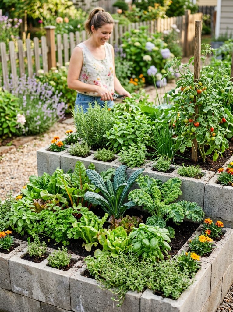 Beautiful cinderblock garden beds with quality soil mix supporting abundant healthy vegetables and herbs in productive lush raised beds 