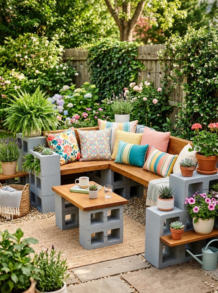 Beautiful cinderblock garden furniture DIY set with bench low table and plant stands wooden elements colorful cushions as cohesive seating area 