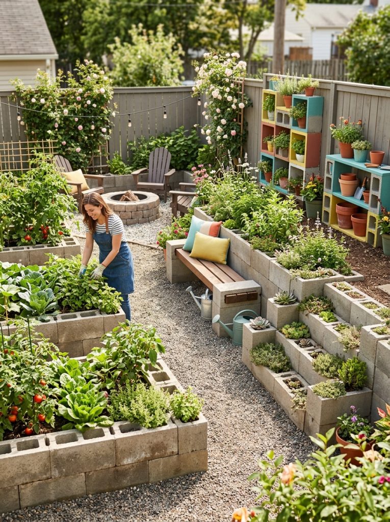Complete cinderblock garden with raised beds bench fire pit retaining wall steps shelves painted features and projects in beautiful productive garden