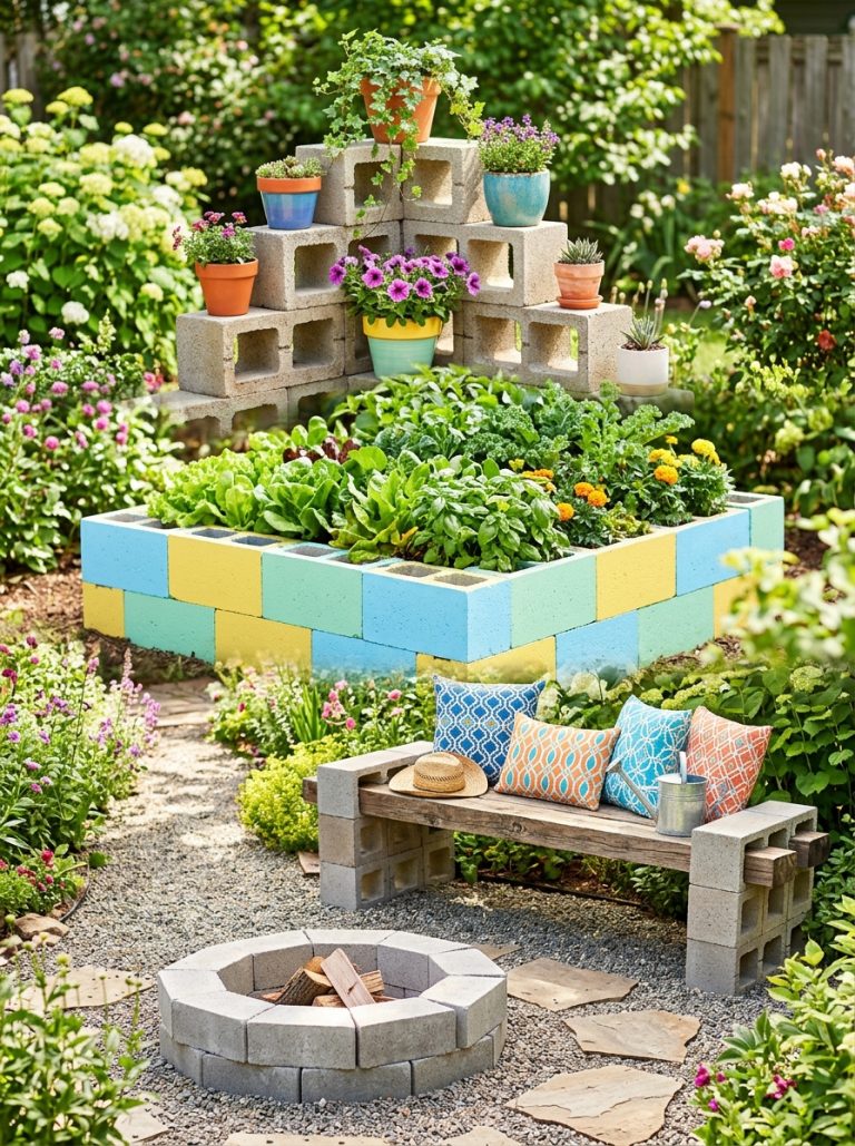 Beautiful cinderblock garden ideas with painted raised bed cinderblock bench with cushions fire pit and plant stand in bright sunny gardens