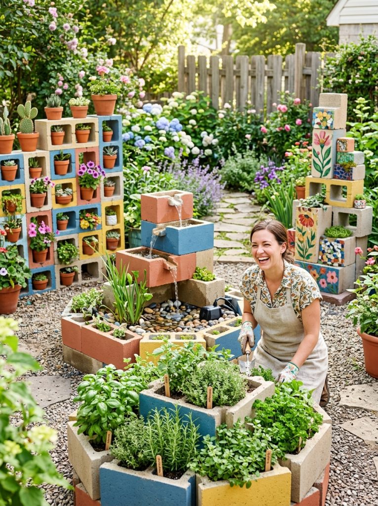 Creative cinderblock garden projects with herb spiral water feature display wall and garden art installation showing material versatility 