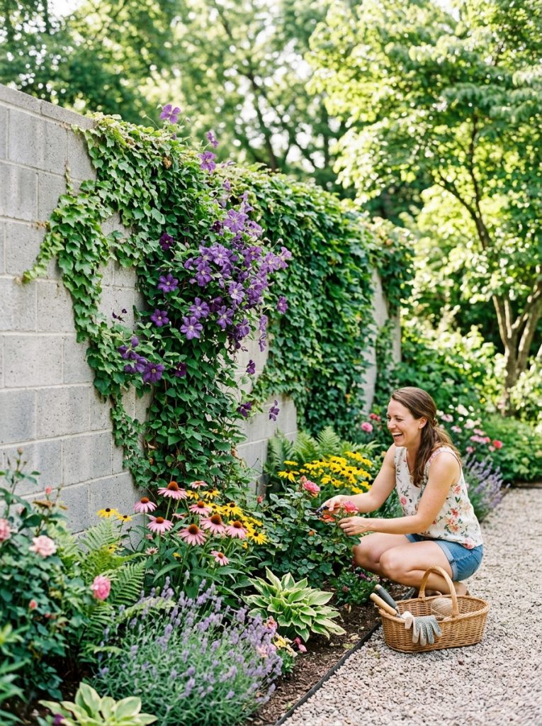  Beautiful cinderblock garden wall DIY painted or natural with climbing plants creating permanent garden structure defining spaces