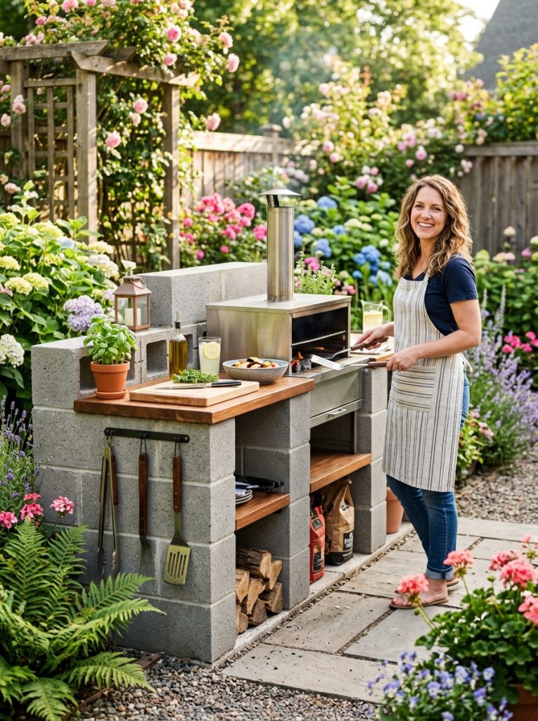 Beautiful cinderblock grill station DIY with built-in grill preparation counter and storage in neatly built impressive garden cooking station 