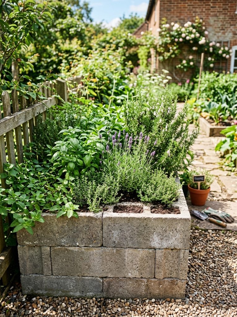  Beautiful cinderblock raised bed ideas with herbs basil rosemary thyme lavender mint in kitchen garden productive fragrant display
