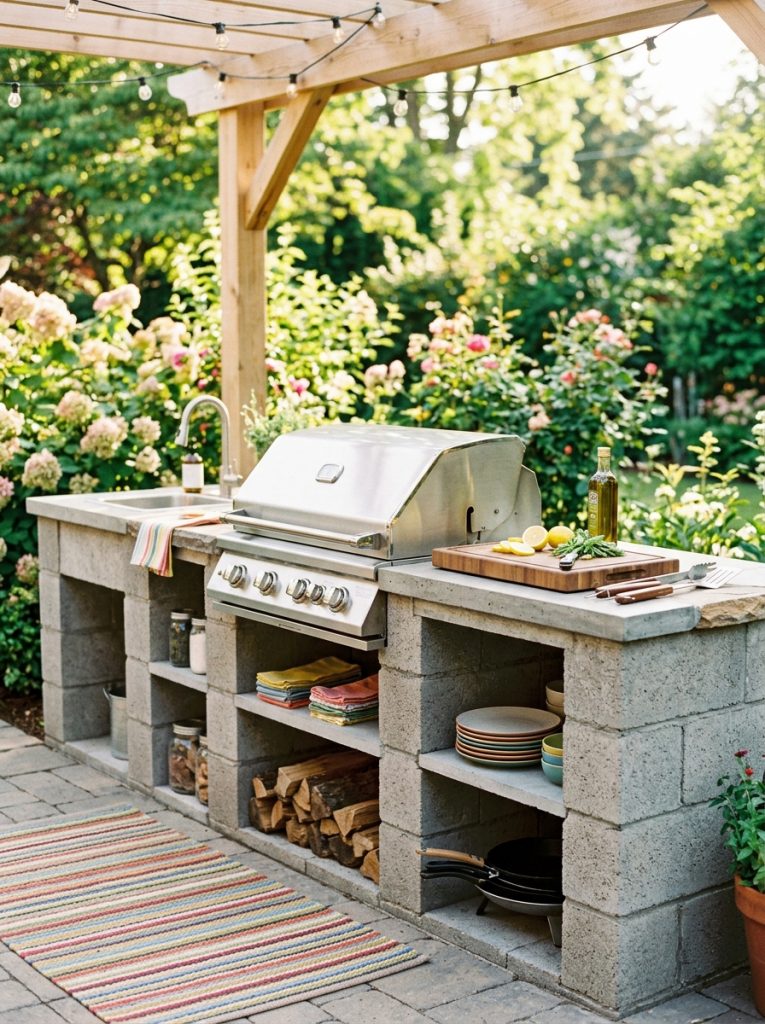 Beautiful cinderblock outdoor kitchen DIY with block base grill station countertop and storage areas as impressive functional outdoor kitchen