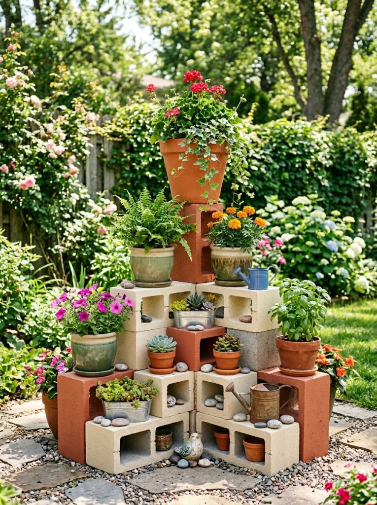 Creative cinderblock plant stand DIY with stacked blocks as display pedestals at different heights with potted plants in bright garden
