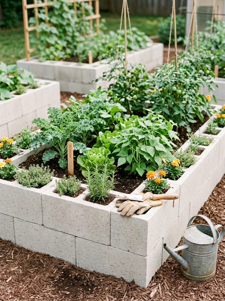 Beautiful cinderblock raised garden bed DIY with rich soil and thriving vegetables herbs in neat productive well-organized kitchen garden