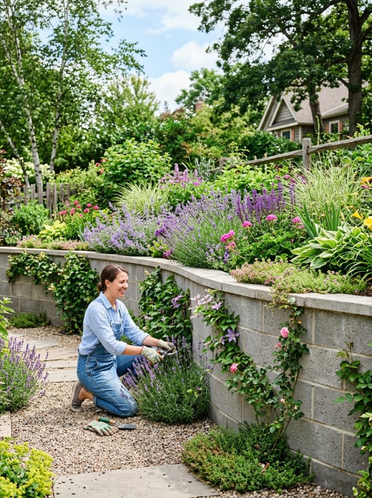  Beautiful cinderblock retaining wall DIY creating terraced garden level change with plants growing against wall and planting areas above