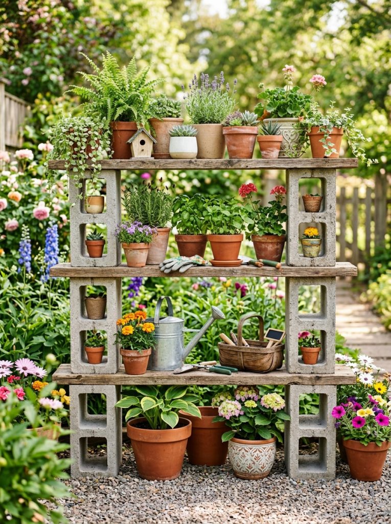 Creative cinderblock shelves DIY with block supports and wooden planks as beautiful freestanding garden shelving for plants tools display 