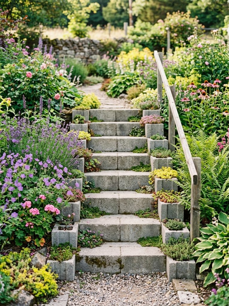  Beautiful cinderblock steps DIY with neat blocks creating garden level change with plants beside steps and in block gaps 