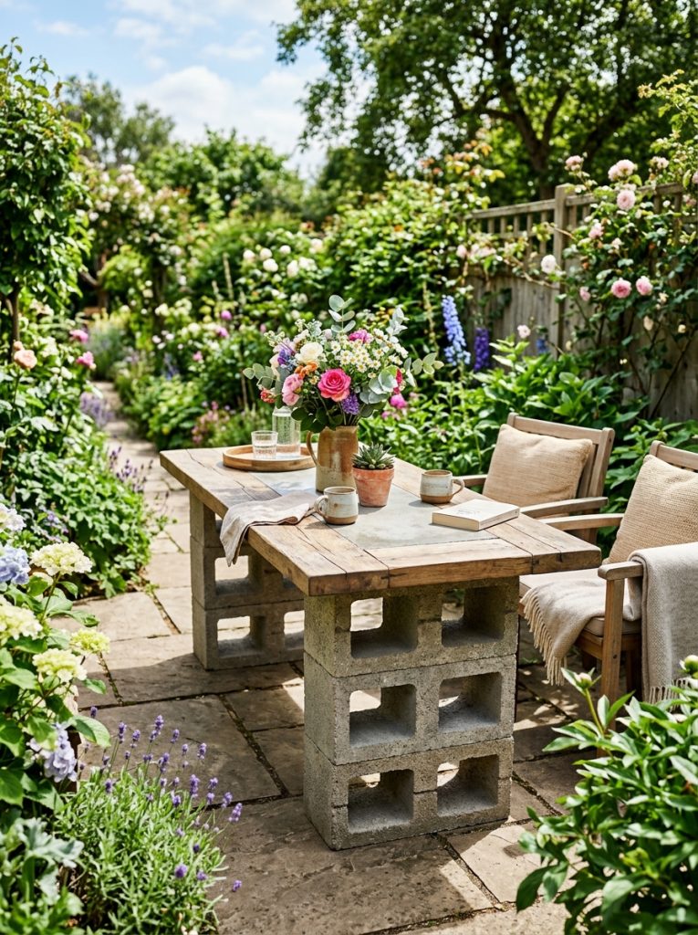  Beautiful cinderblock table DIY with block base supports wooden concrete or tile top surface as stylish indestructible garden furniture