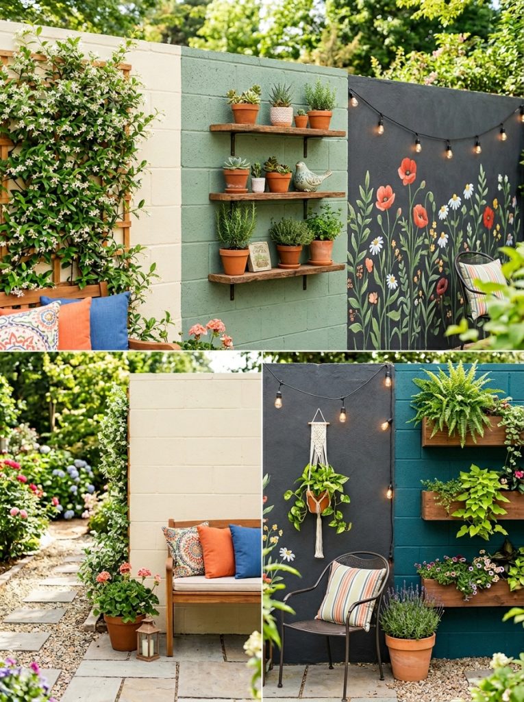 Beautiful cinderblock wall makeover DIY outdoor with paint render climbing plants and decorative elements creating transformed block walls 