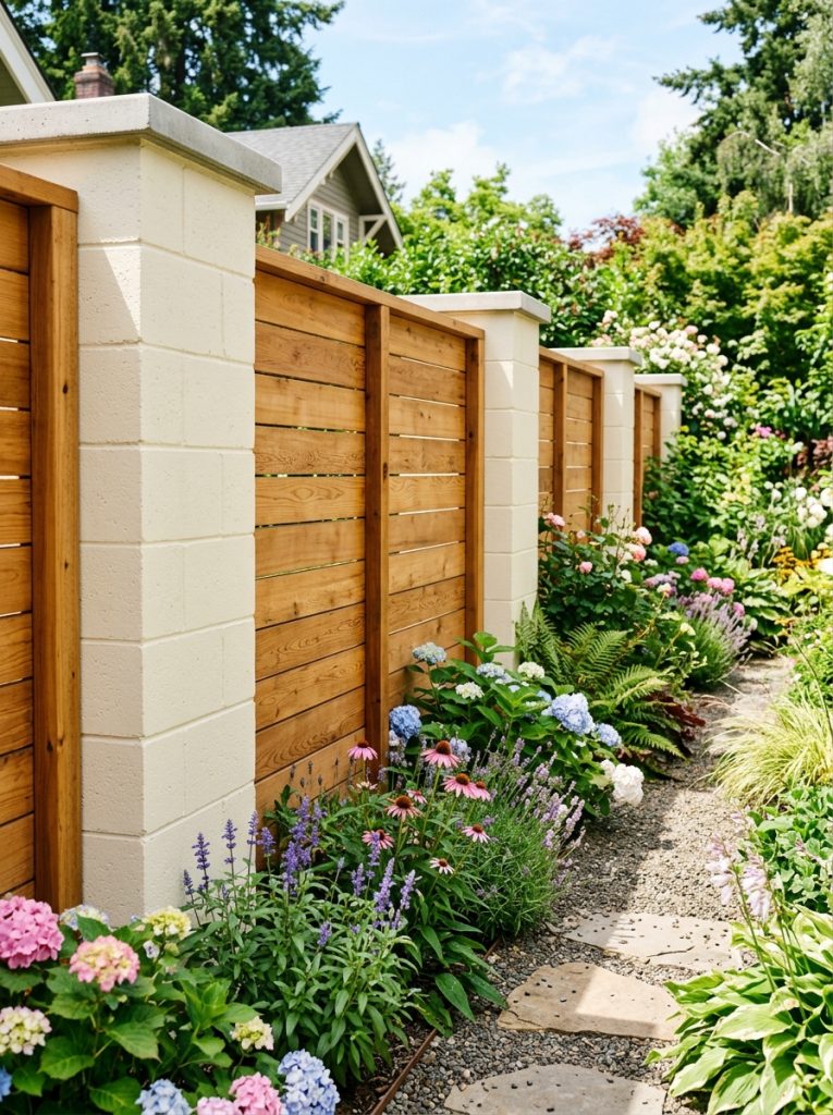 Beautiful cinderblock and wood fence DIY with block pillars and wooden panels between creating architectural quality permanent garden fence