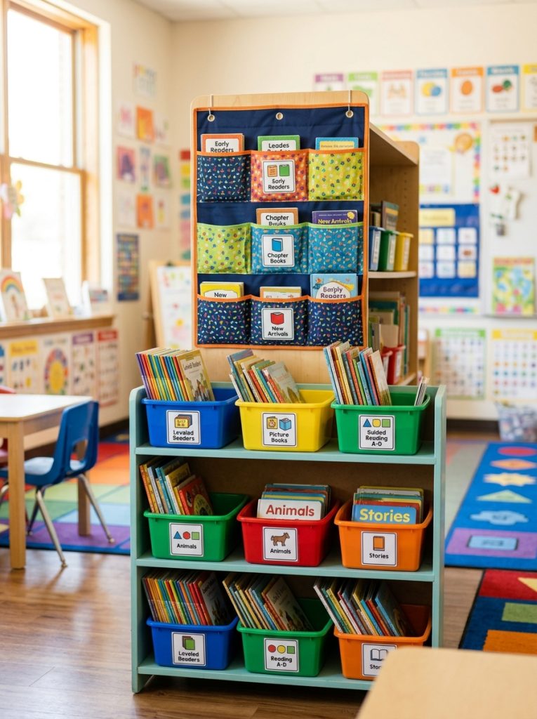 Classroom book storage system with labeled bins and pocket organizers holding leveled readers at student height in bright classroom