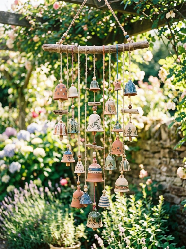 Beautiful clay bell DIY wind chimes with hand-shaped ceramic bells in different sizes decorated with patterns hung on cord outdoors