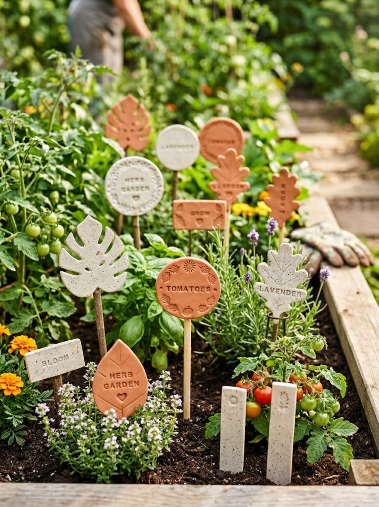  Beautiful clay garden sign DIY with handmade leaf botanical and decorative shapes stamped hand-lettered with garden names among plants