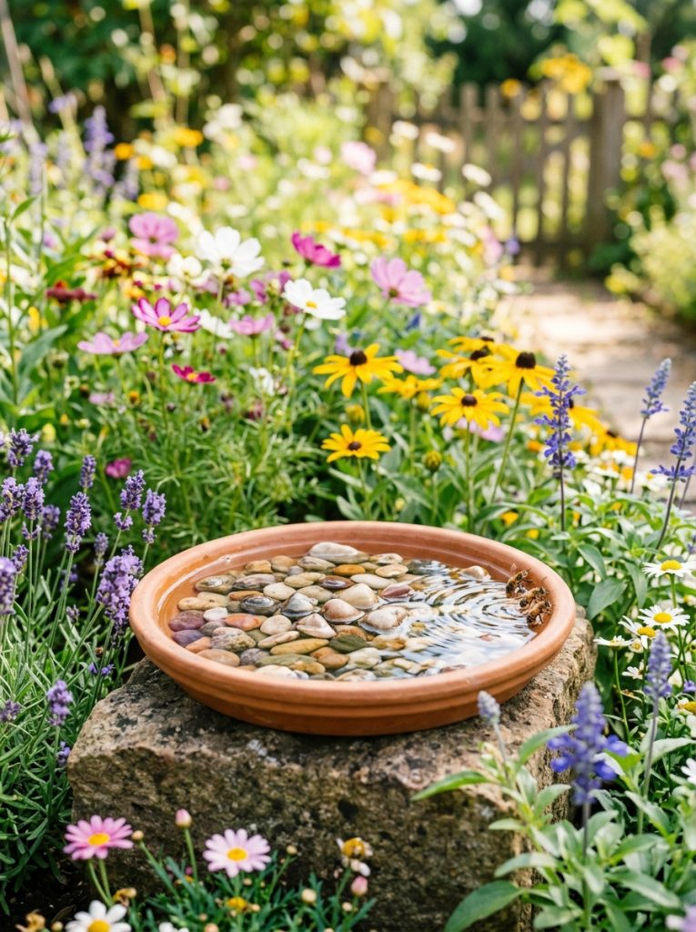 Simple beginner clay saucer bee bath DIY with terracotta saucer filled with water and smooth pebbles surrounded by garden flowers