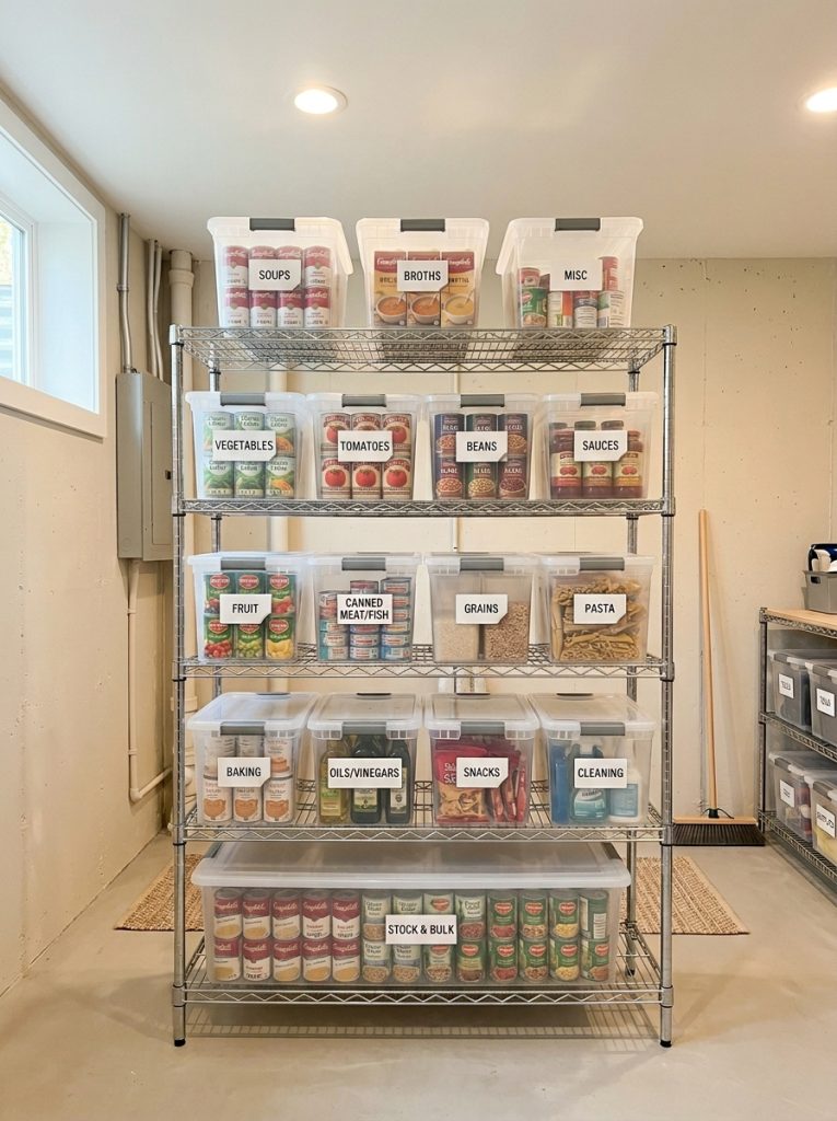 Clean organized basement storage area with canned goods sorted into labeled plastic bins on shelves