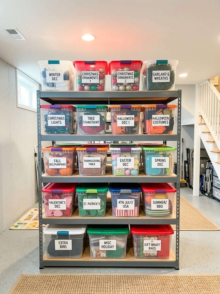 Clean organized basement storage area with labeled shelving holding holiday decor bins sorted by holiday zone