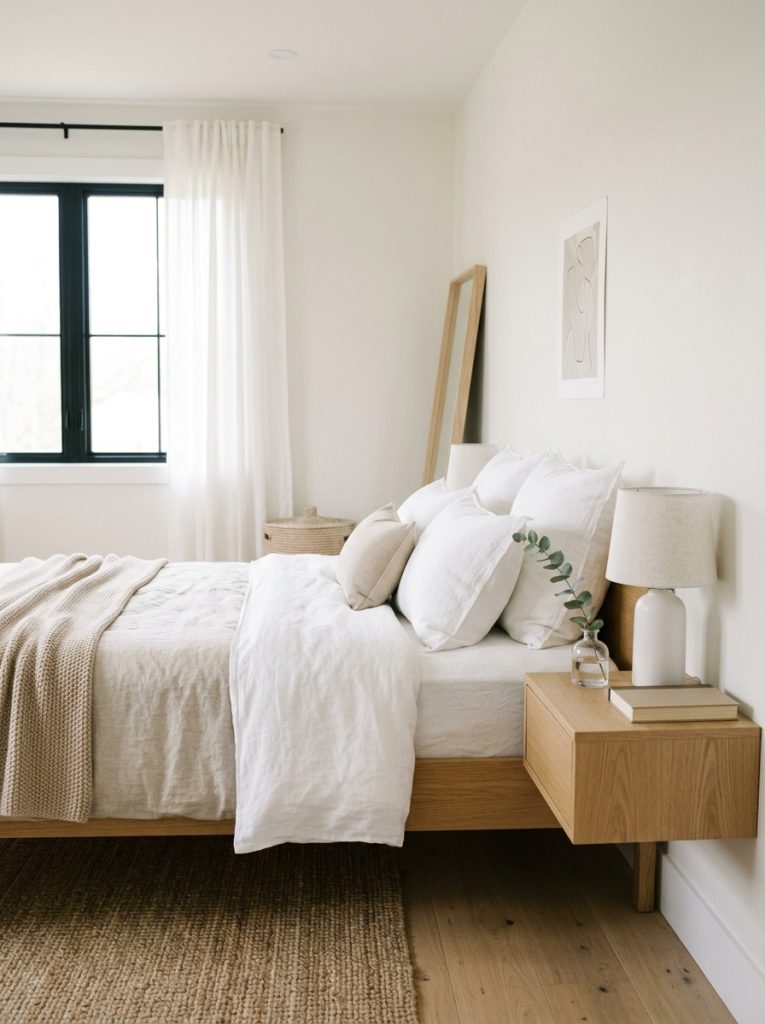 Beautiful clean simple modern neutral bedroom with uncluttered surfaces edited accessories crisp bedding clean architectural expression