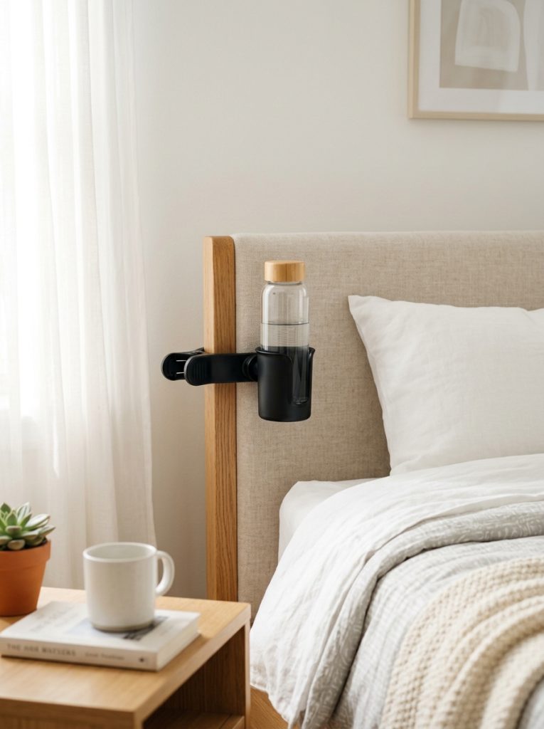 Clip on cup holder attached to bed headboard holding water bottle beside neatly made bed