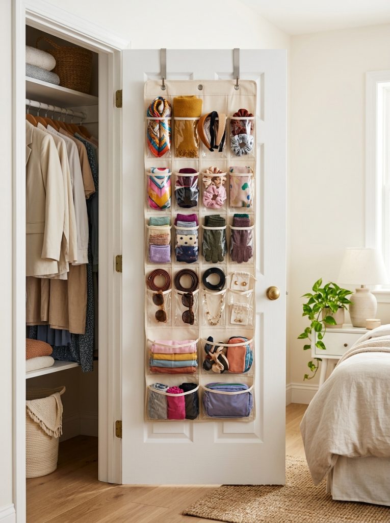 Bedroom closet door with over door fabric organizer holding accessories scarves and folded items