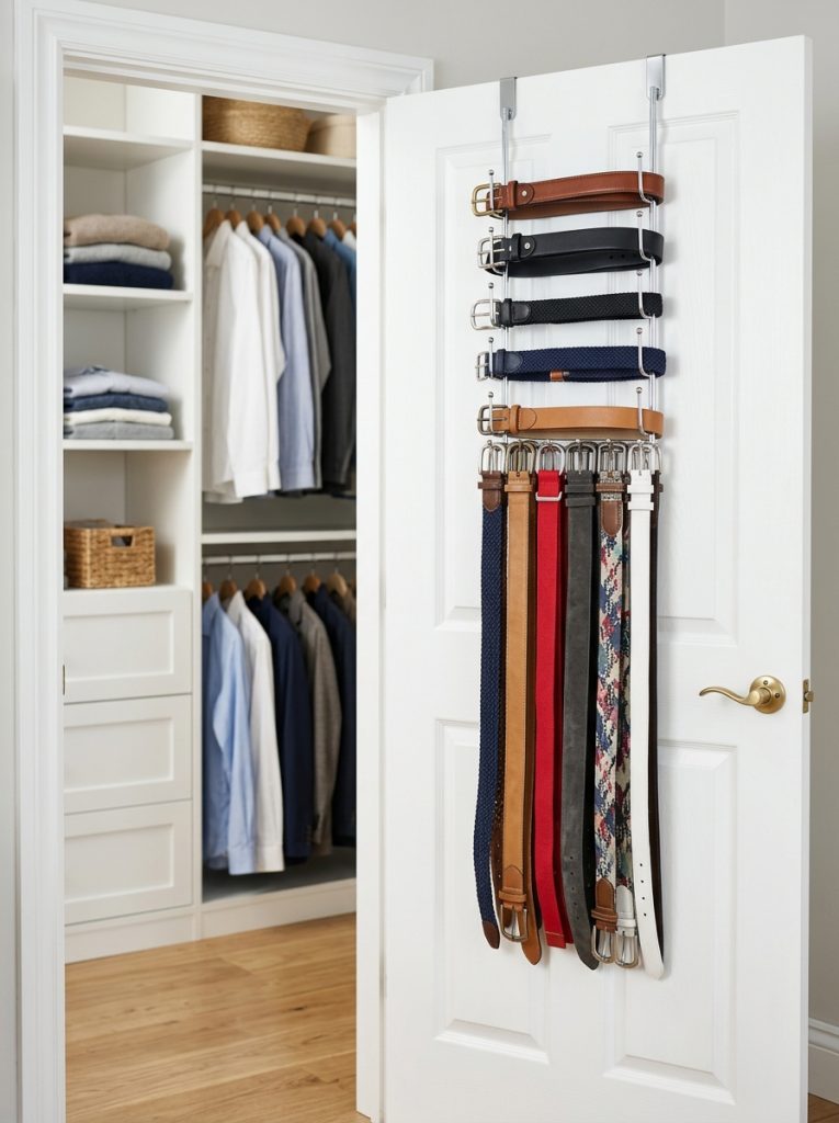 Over door hook organizer on inside of small closet door holding belts neatly
