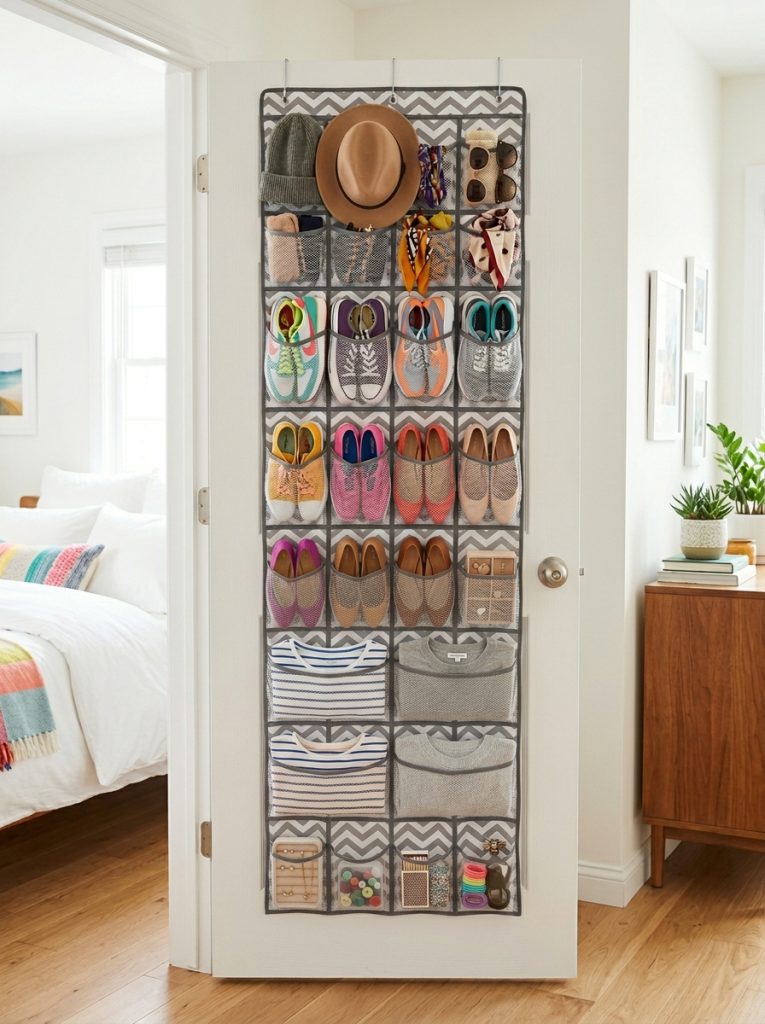  Small closet door with full length multi pocket organizer holding shoes accessories and small bags