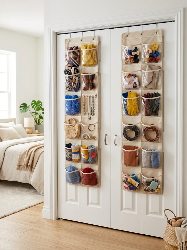 Bifold closet door with over door organizers on both panels holding clothes and accessories