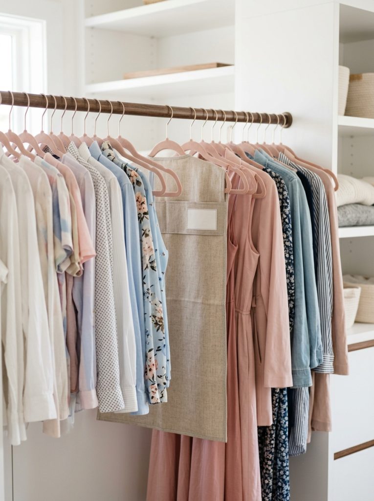 Clear shelf dividers keeping folded clothes neatly separated on closet shelves