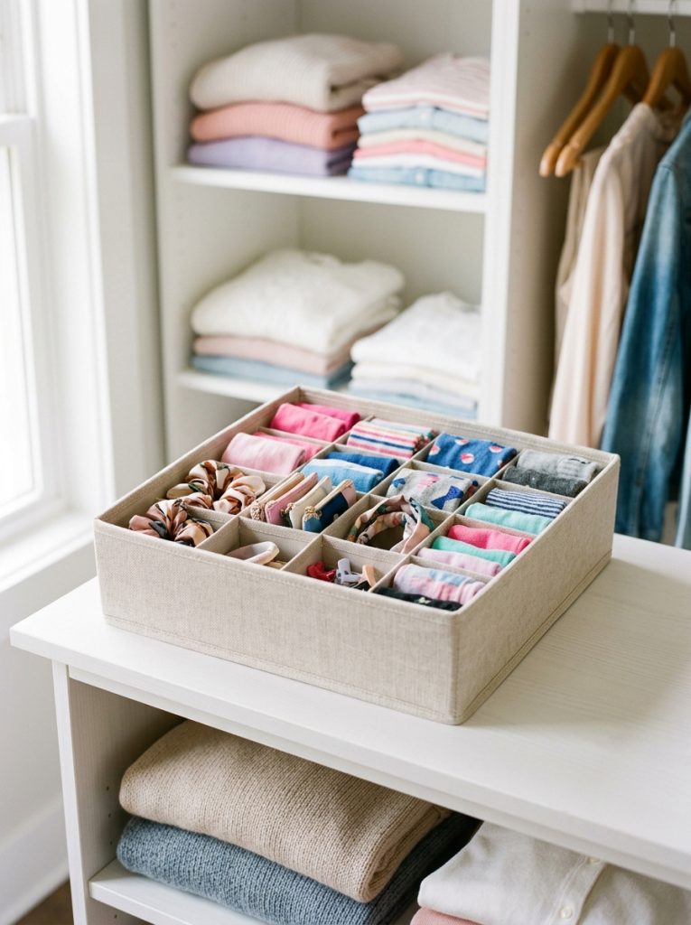 Organized closet rod with velvet hangers and fabric section dividers for clothes