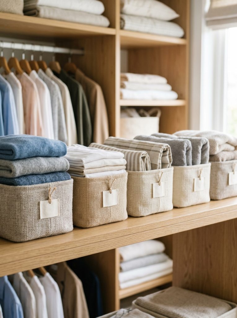 Woven labeled baskets neatly arranged on a bedroom closet shelf