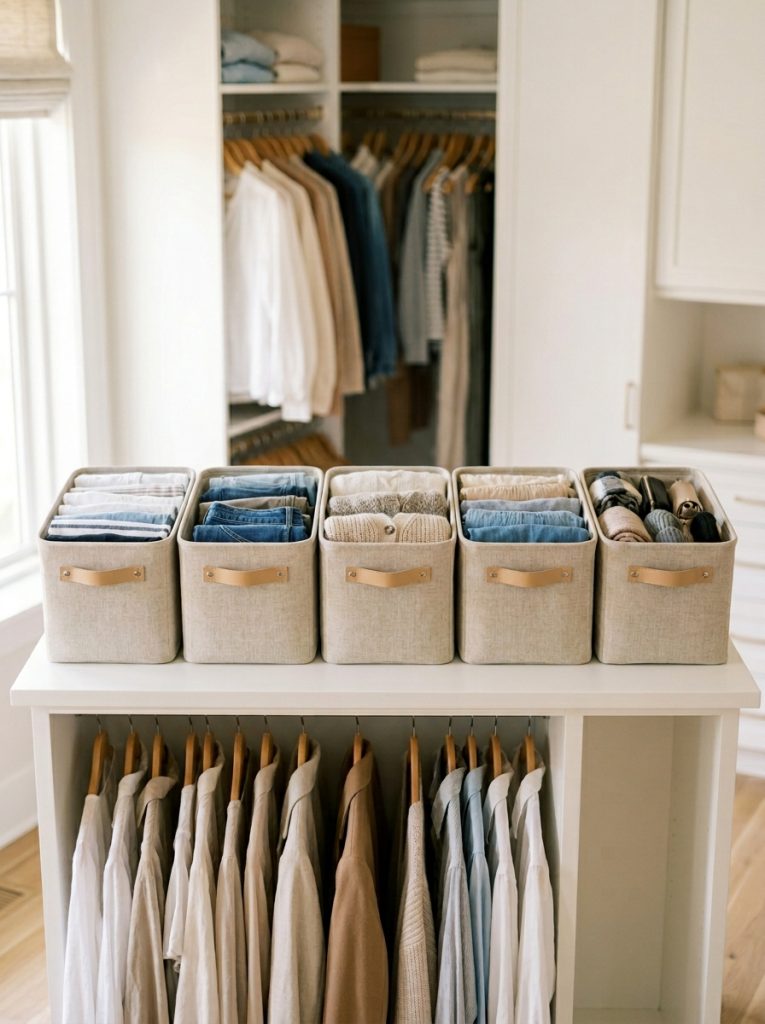  Matching fabric bins on closet shelf each organized by clothing category
