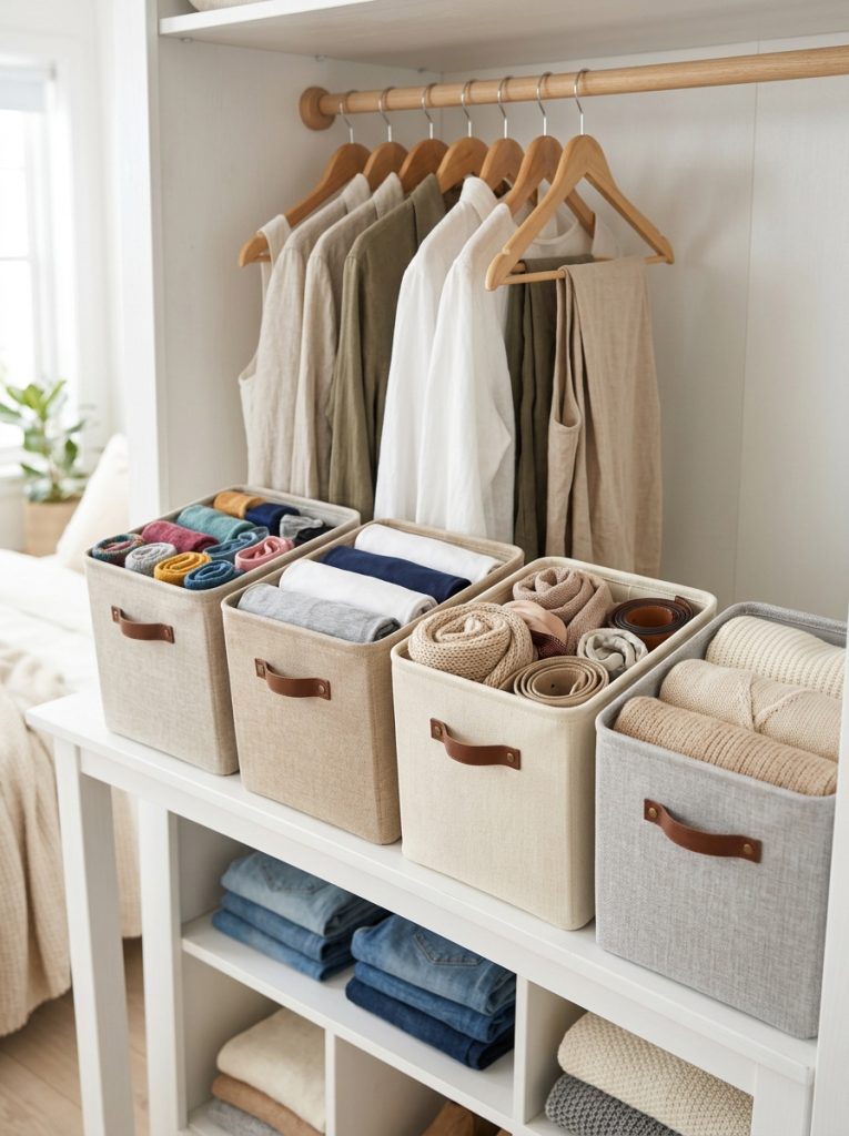 Slim shelf organizer fitting perfectly inside a narrow bedroom closet space