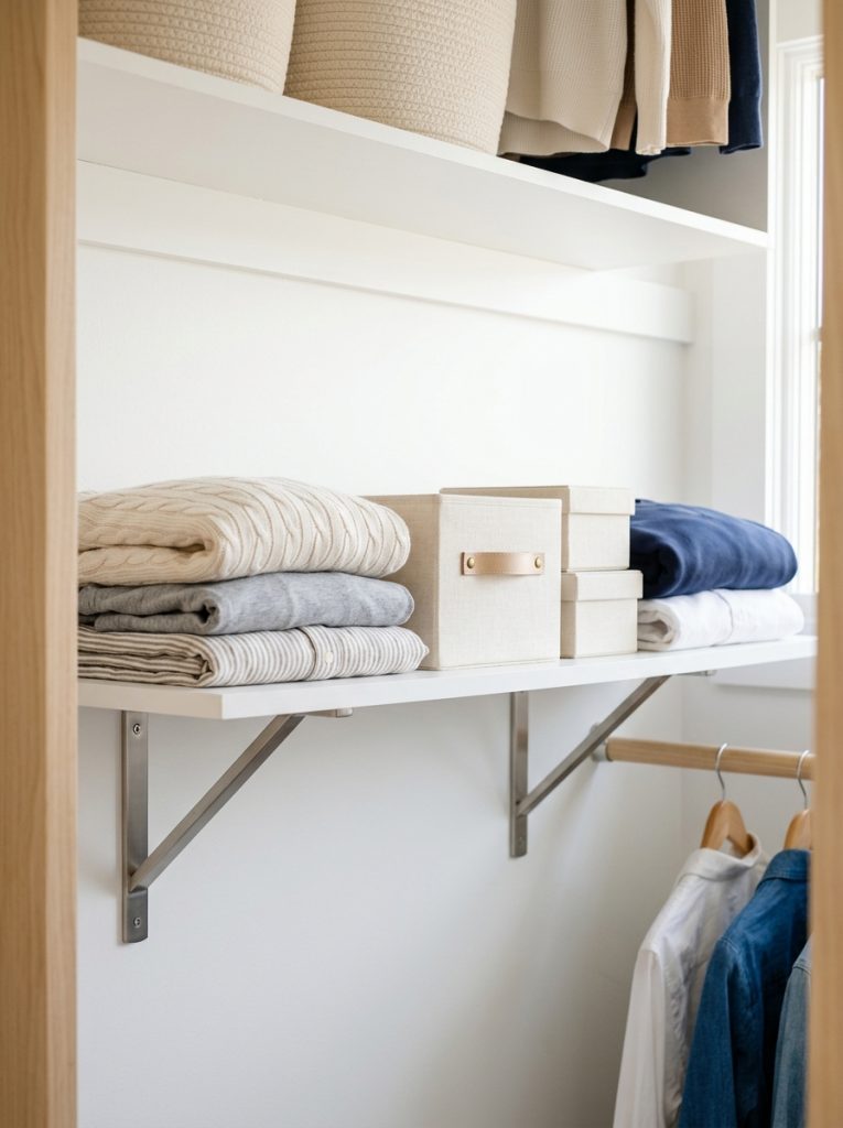 Metal shelf support brackets underneath a loaded bedroom closet shelf