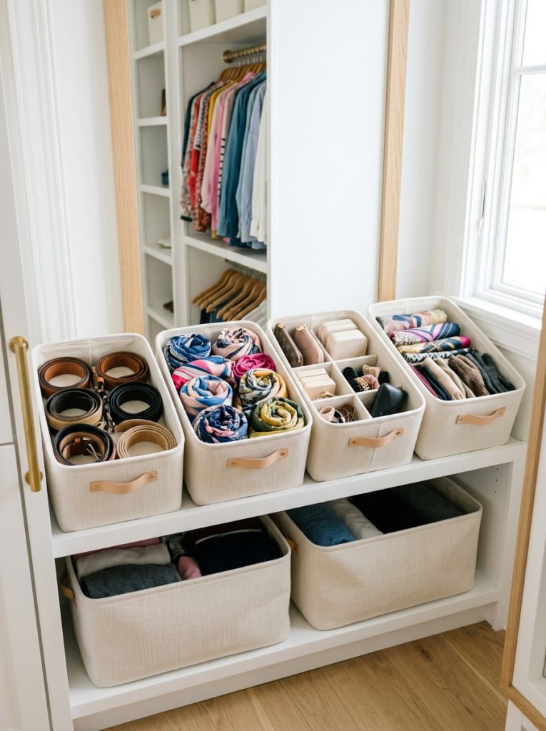 Small fabric bins on lower closet shelves holding belts scarves and accessories