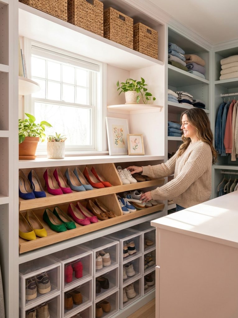 Beautiful closet shoe storage with dedicated shelving angled displays clear boxes and organized arrangements in well-organized wardrobe 