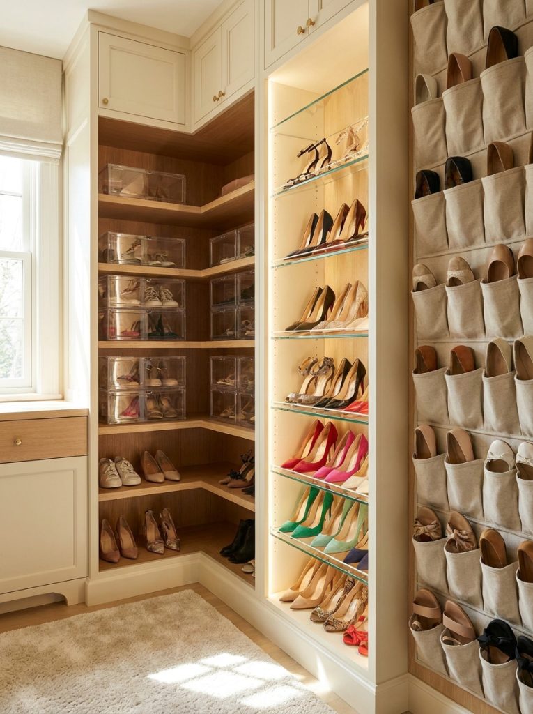 Beautiful closet shoe storage with clear boxes angled display shelves shoe pockets and systematic organization in wardrobe closet 