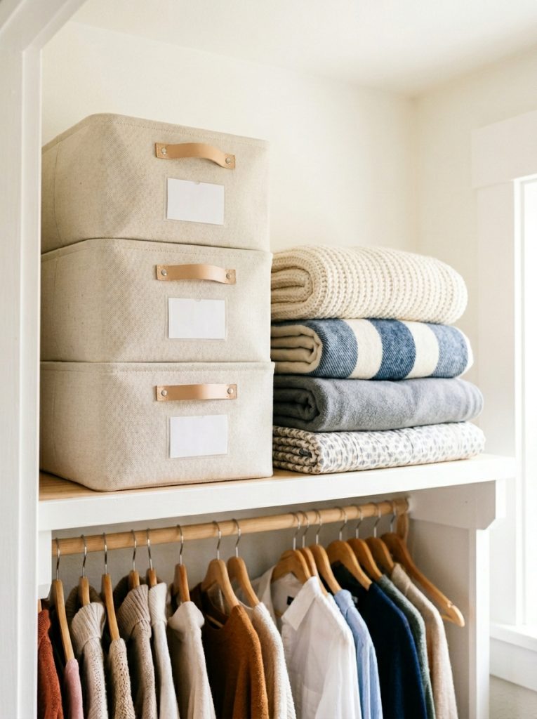 Top closet shelf with labeled seasonal storage boxes and folded blankets