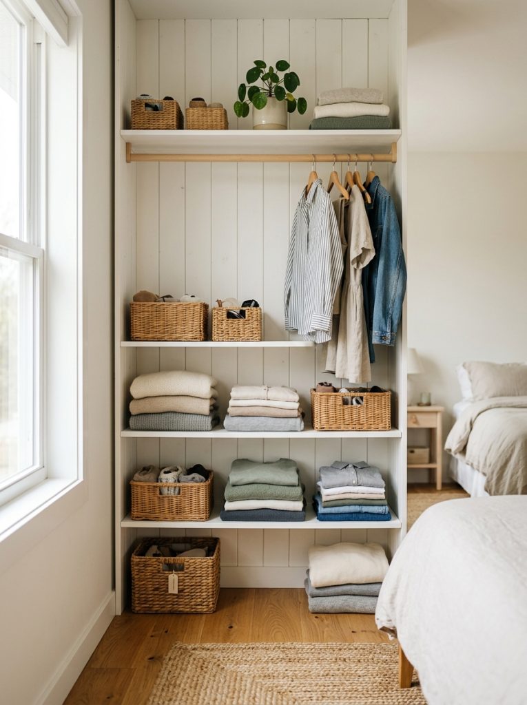DIY white wood plank shelves inside bedroom closet with folded clothes and baskets