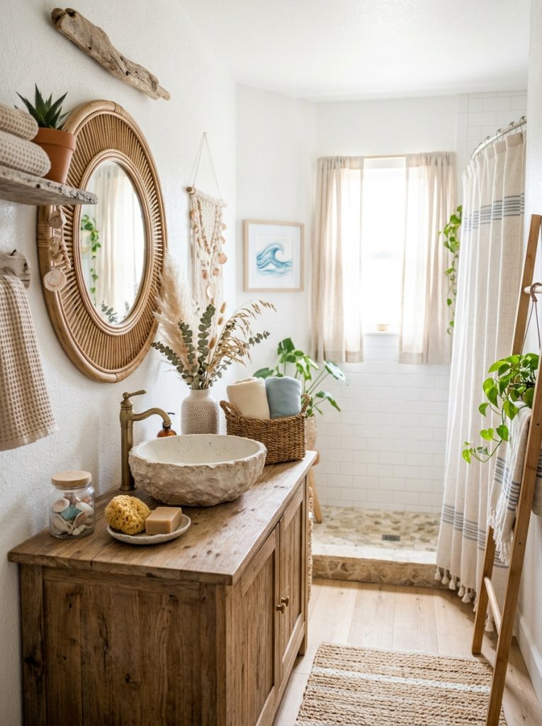 Beautiful coastal boho bathroom with sea-inspired textures driftwood shells light blue sandy tones rattan and coastal botanicals