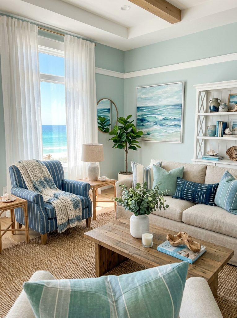 Beautiful coastal blue and green living room with ocean-inspired colours natural textures woven rug driftwood accents and sheer curtains