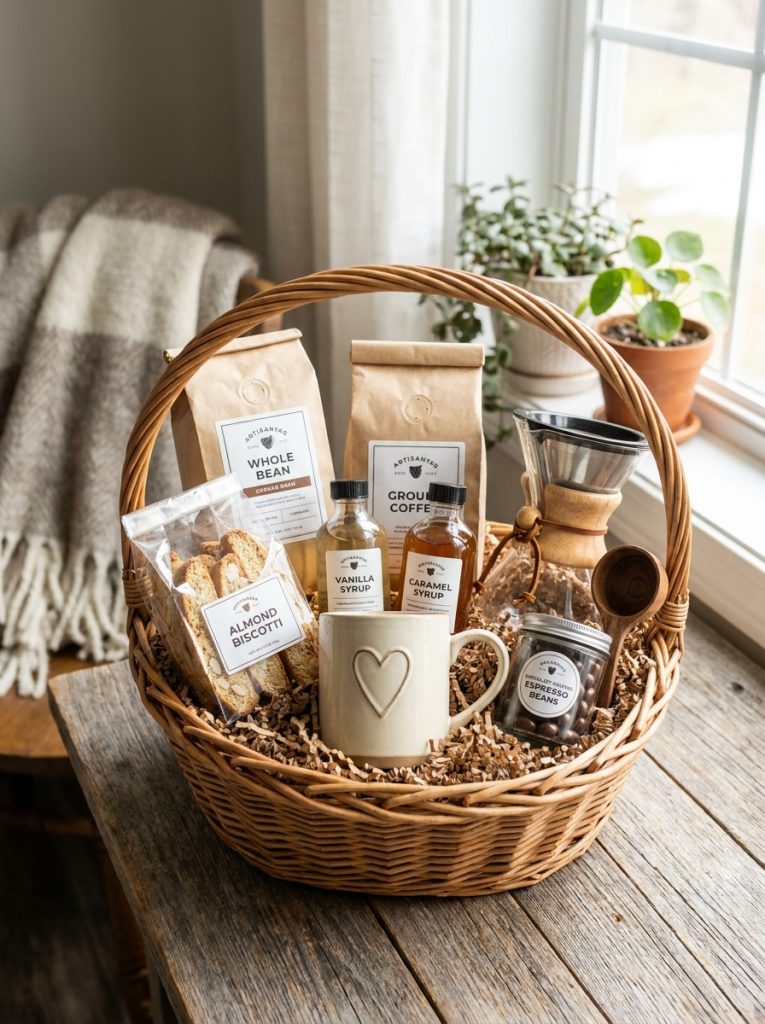 Beautiful coffee lover gift basket with premium beans ground coffee syrups beautiful mug biscotti espresso beans and coffee accessories